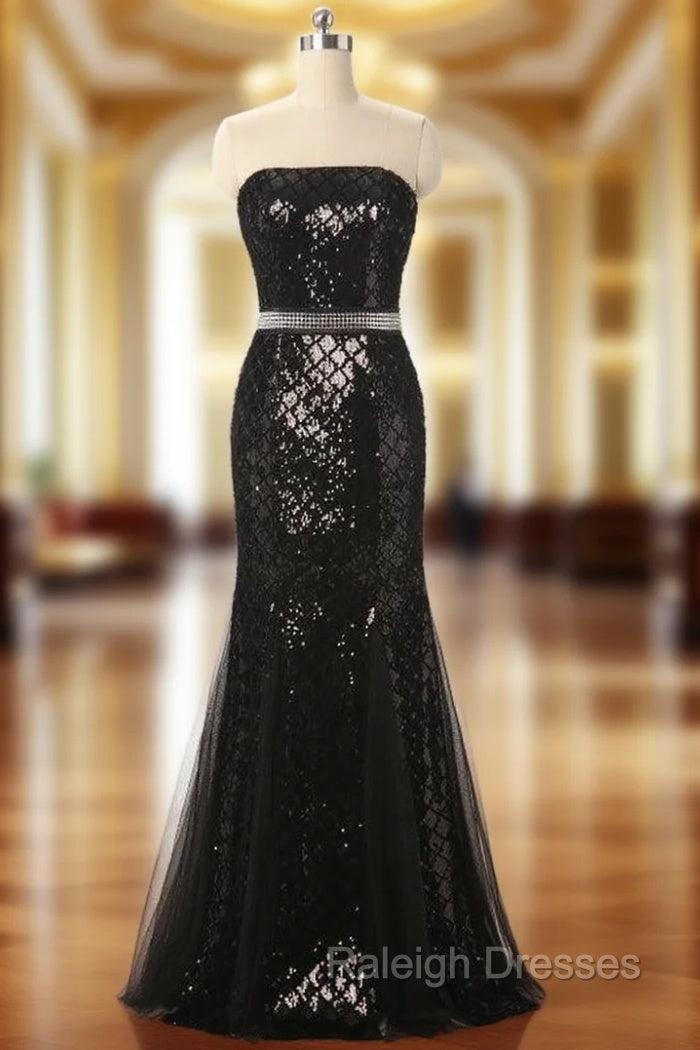 Black Mermaid Sequins Strapless Beading Prom Dresses Main image