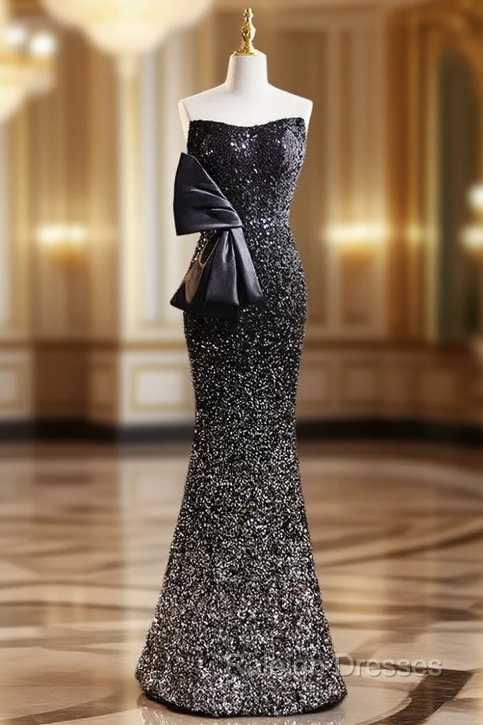Black Mermaid Sequins Strapless Prom Dresses