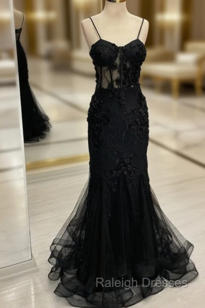 Black Mermaid Spaghetti Straps Flower Prom Dresses Main image