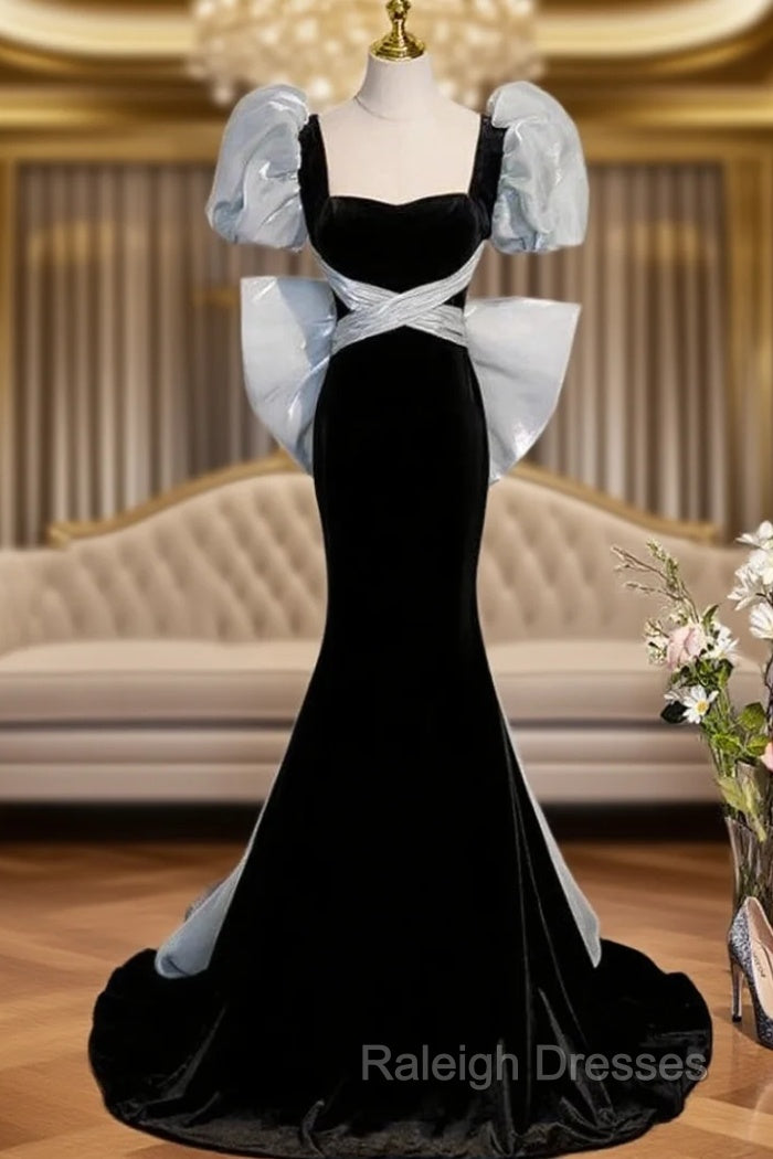 Black Mermaid Square Neck Puff Sleeve Prom Dresses