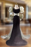 Black Mermaid Square Puff Sleeve Bow Prom Dresses