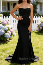 Black Mermaid Strapless Pleated Corset Long Prom Dress with Slit