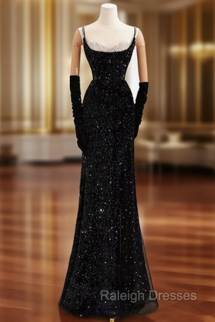 Black Mermaid Straps Sequins Prom Dresses