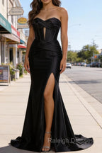 Black Mermaid Sweetheart Corset Prom Dresses Long with Slit