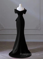 Black Mermaid Sweetheart Off Shoulder Prom Dress, Black Satin Evening Dress