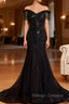 Black Mermaid Tulle Off the Shoulder Beading Prom Dress
