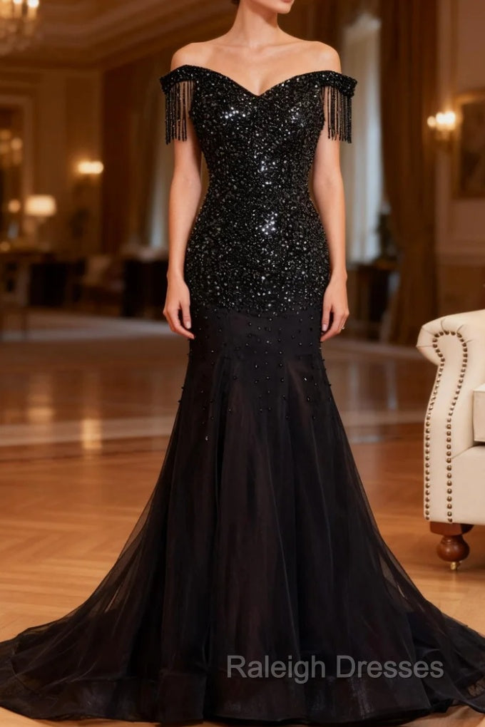 Black Mermaid Tulle Off the Shoulder Beading Prom Dresses