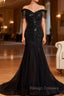 Black Mermaid Tulle Off the Shoulder Beading Prom Dresses
