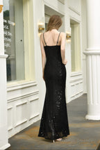 Mermaid V-Neck Spaghetti Straps Sequins Split Floor Length Prom Dresses