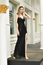 Mermaid V-Neck Spaghetti Straps Sequins Split Floor Length Prom Dresses