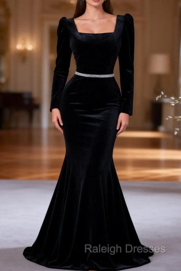 Black Mermaid Velvet Long Sleeve Prom Dresses Main image