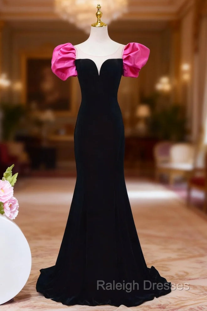 Black Mermaid Velvet Puff Sleeve Backless Prom Dress Main image