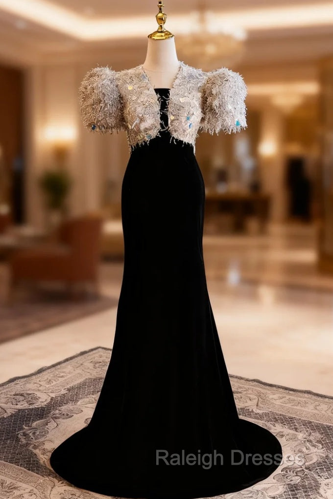 Black Mermaid Velvet Puff Sleeve Prom Dress
