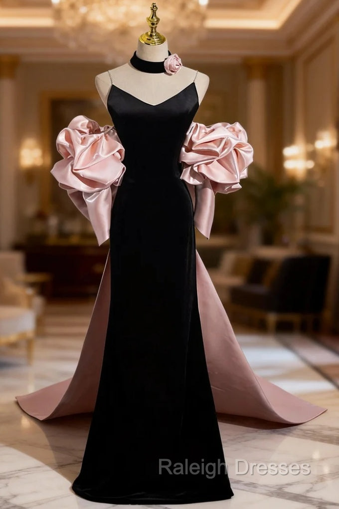 Black Mermaid Velvet Spaghetti Straps Pink Flower Prom Dress Main image