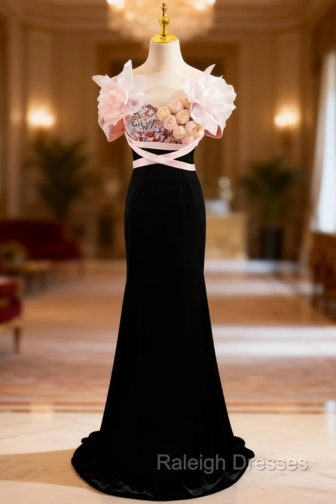 Black Mermaid Velvet Strapless Flower Prom Dresses