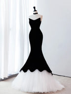 Black Mermaid Velvet Tulle Long Formal Prom Dress, Black Prom Dress