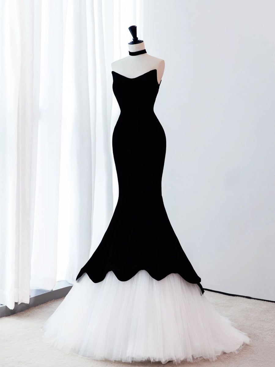 Black Mermaid Velvet Tulle Long Formal Prom Dress, Black Prom Dress