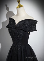 Black Off Shoulder A-Line Tulle With Lace Prom Dresses Black Long Prom Dresses