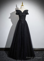 Black Off Shoulder A-Line Tulle With Lace Party Dress, Black Long Prom Dress