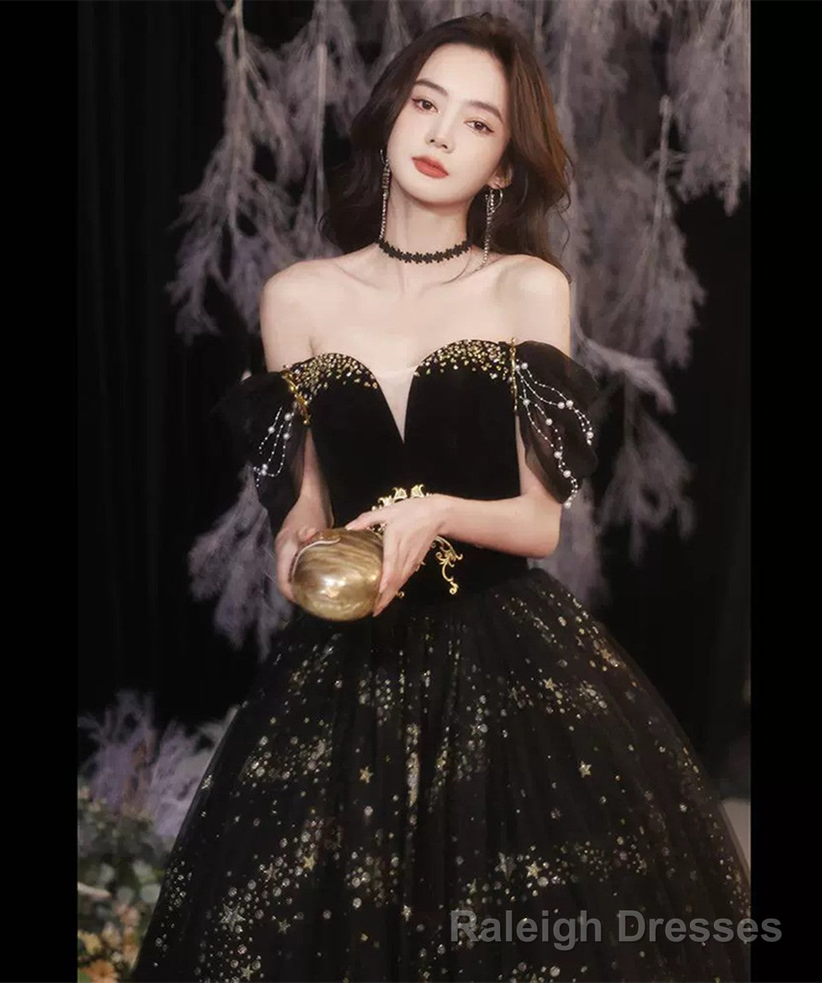 Black Off Shoulder Beaded Sweetheart Tulle Prom Dress, Black Formal Dress Secondary image