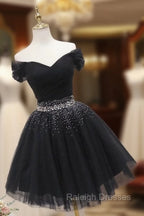 Black Off Shoulder Beaded Tulle Short Prom Dress, Black Homecoming Dress Formal Dress