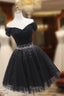 Black Off Shoulder Beaded Tulle Short Prom Dress, Black Homecoming Dress Formal Dress