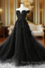Black Off Shoulder Formal Dress with Lace, Black Tulle Off Shoulder Prom Dress