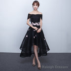 Black Off Shoulder High Low Party Dresses With Flower Lace, Black Short Homecoming Dresses