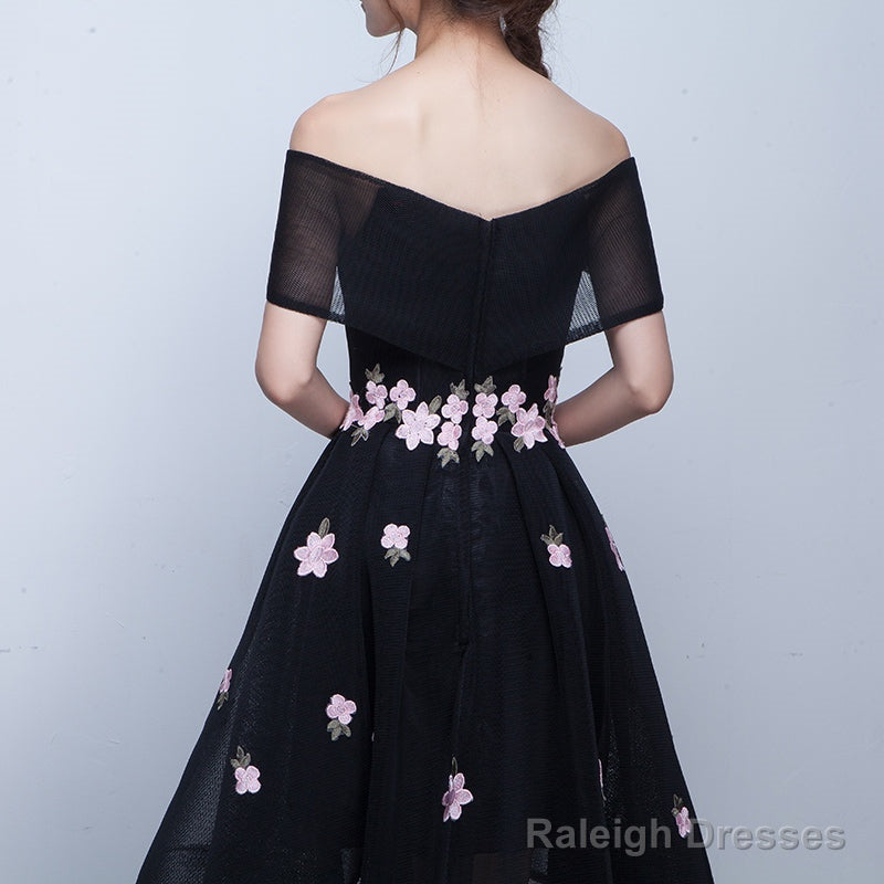 Black Off Shoulder High Low Party Dresses With Flower Lace, Black Short Homecoming Dresses
