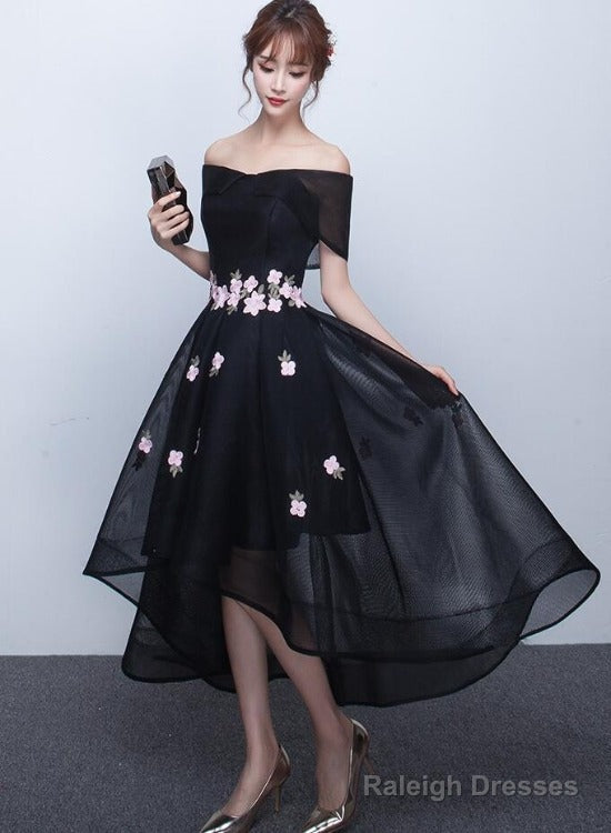 Black Off Shoulder High Low Party Dresses With Flower Lace, Black Short Homecoming Dresses Main image