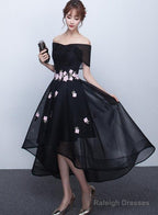 Black Off Shoulder High Low Prom Dress With Flower Lace Black Short Homecoming Dress