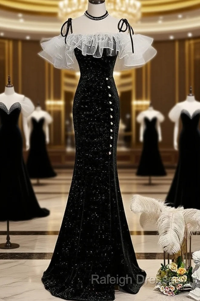 Black Off Shoulder Mermaid Long Prom Dresses Black Wedding Prom Dresses