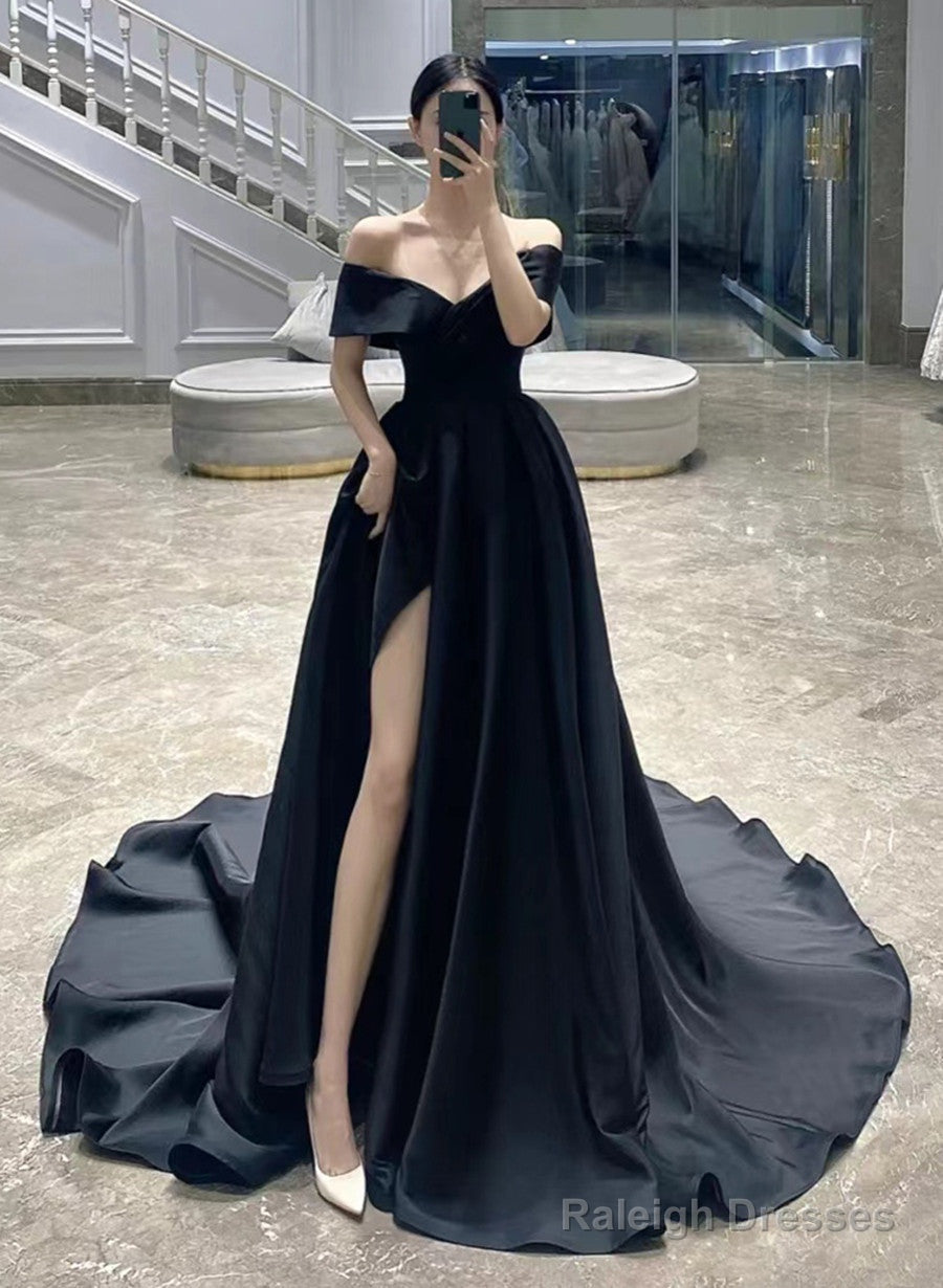 Black Off Shoulder Satin A-Line Long Forml Dress, Black Wedding Party Dress Main image