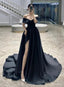 Black Off Shoulder Satin A-Line Long Forml Dress, Black Wedding Party Dress