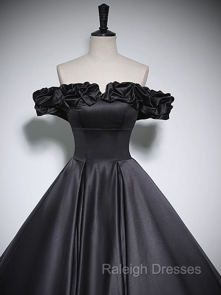Black Off Shoulder Satin Long Prom Dress, Black Satin Evening Dress