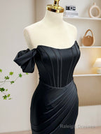 Black Off Shoulder Satin Mermaid Long Prom Dress, Black Long Evening Dress