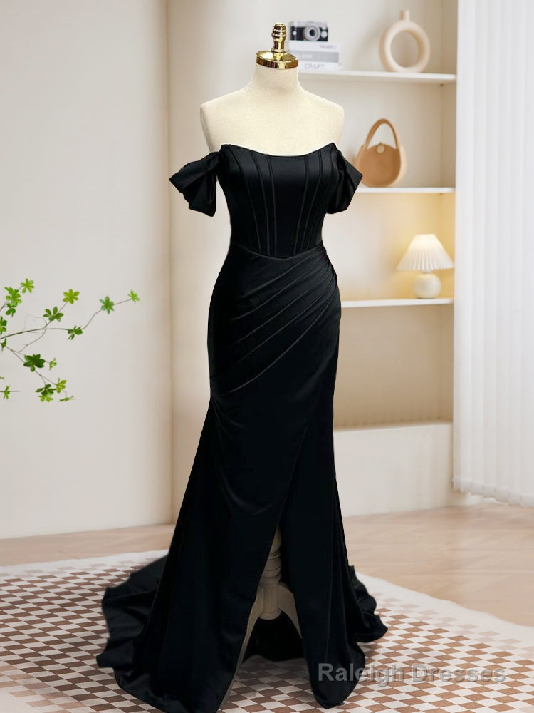 Black Off Shoulder Satin Mermaid Long Prom Dress, Black Long Evening Dress Main image