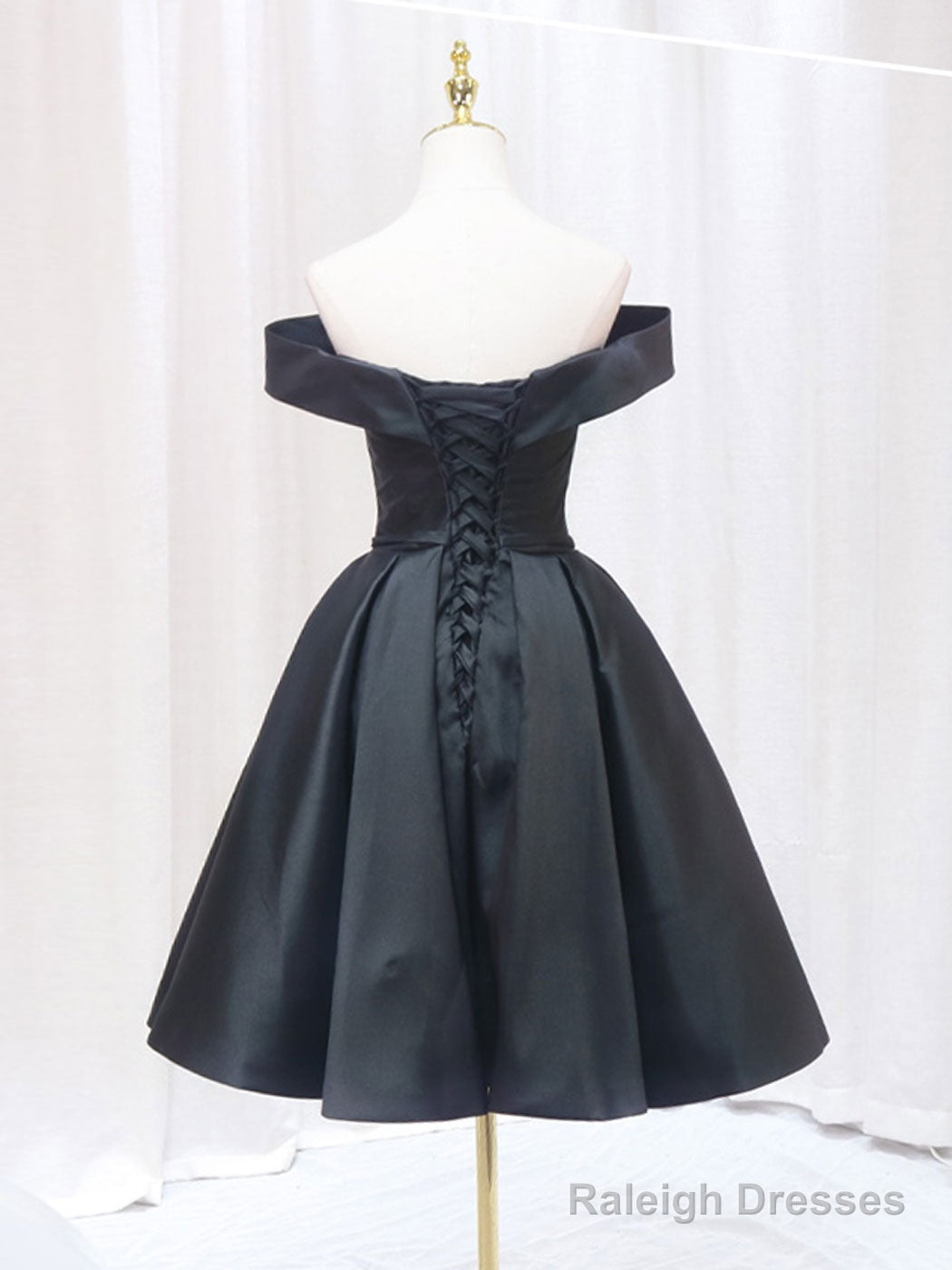 Black Off Shoulder Satin Short Prom Dress, Black Homecoming Dress Secondary image