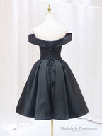 Black Off Shoulder Satin Short Prom Dress, Black Homecoming Dress