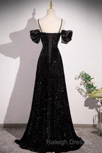 Black Off Shoulder Sequin Long Prom Dress Evening Dress With Bow Knot