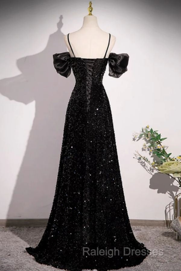 Black Off Shoulder Sequin Long Prom Dress Evening Dress With Bow Knot