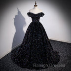 Black Off Shoulder Shiny Beaded Long Prom Dress A-line Black Evening Dress prom dresses shops