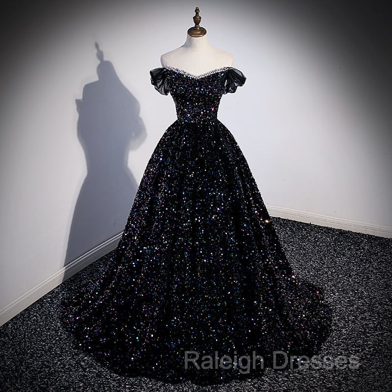 Black Off Shoulder Shiny Beaded Long Prom Dress A-line Black Evening Dress prom dresses shops