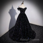 Black Off Shoulder Shiny Beaded Long Prom Dress A-line Black Evening Dress prom dresses shops