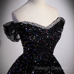 Black Off Shoulder Shiny Beaded Long Prom Dress A-line Black Evening Dress prom dresses shops