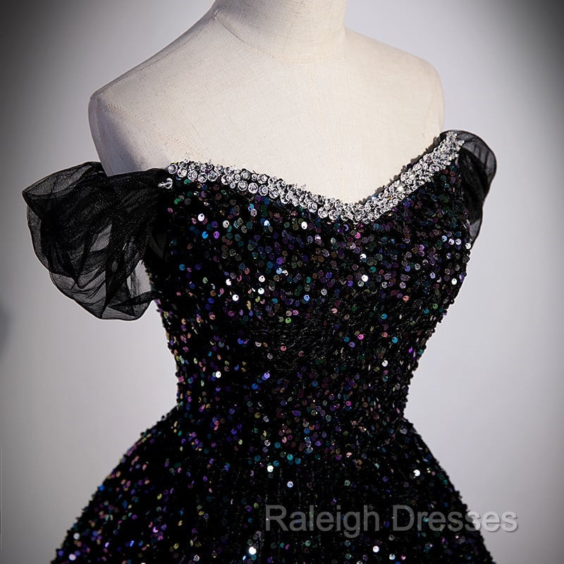 Black Off Shoulder Shiny Beaded Long Prom Dress A-line Black Evening Dress prom dresses shops