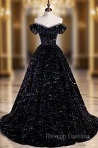 Black Off Shoulder Shiny Beaded Long Prom Dress A-line Black Evening Dress prom dresses shops