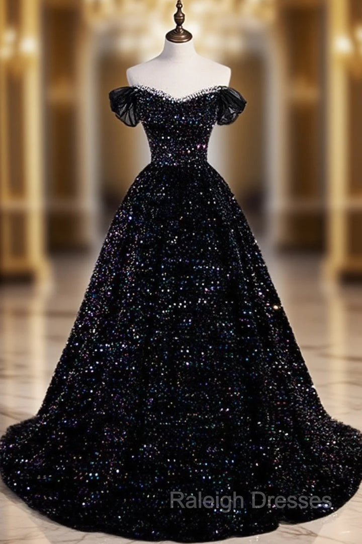 Black Off Shoulder Shiny Beaded Long Prom Dress A-line Black Evening Dress prom dresses shops