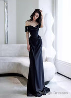 Black Off Shoulder Soft Satin Floor Length Party Dress, Black Satin Evening Dress