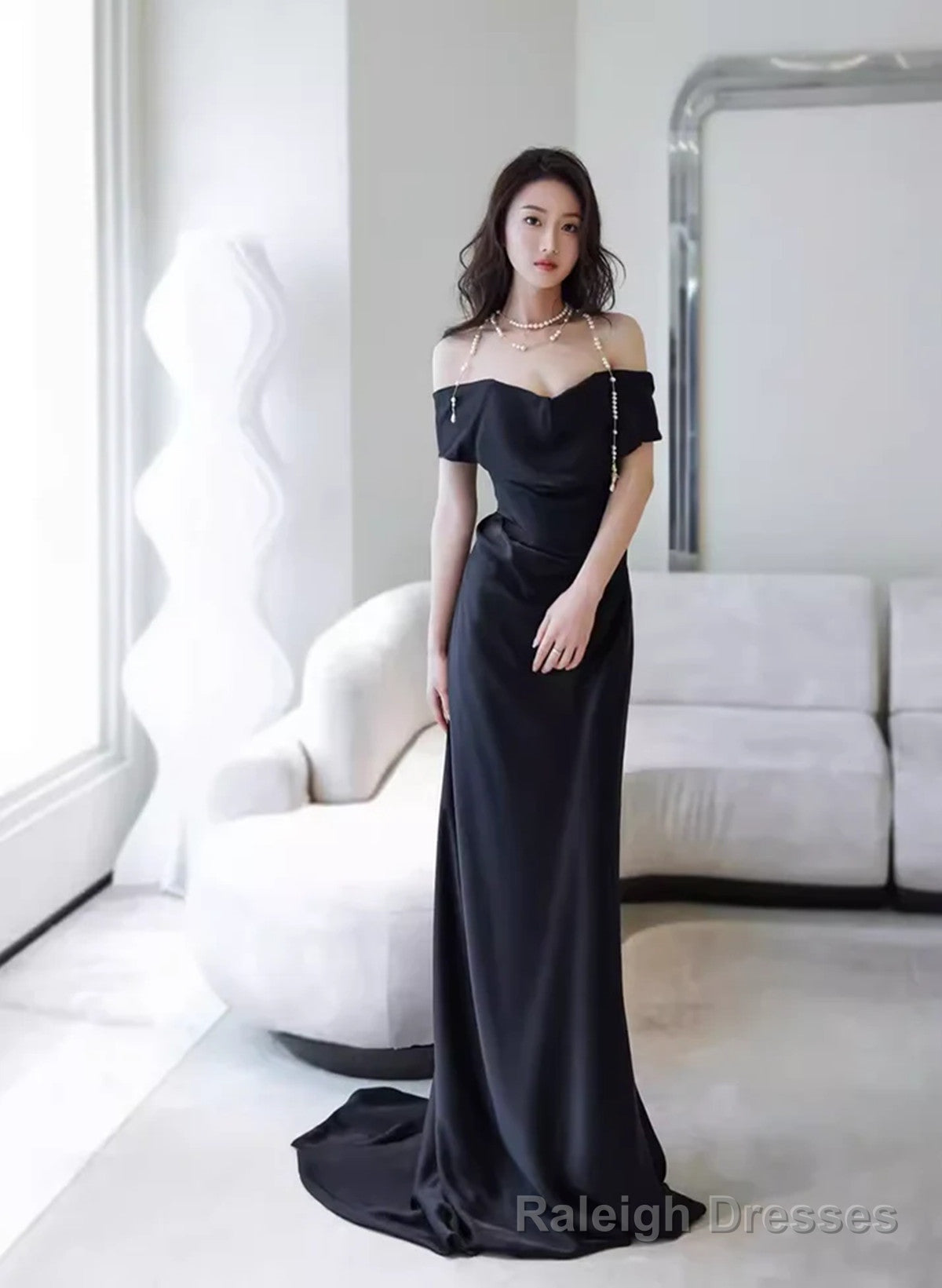Black Off Shoulder Soft Satin Floor Length Party Dress, Black Satin Evening Dress
